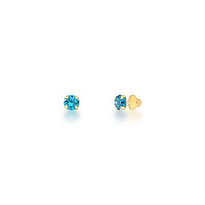 Brinco Solitário de Zircônia Redondo Azul 3MM  Ouro 18k.