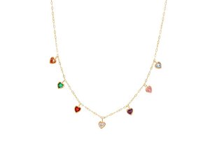 GARGANTILHA CORAÇÕES ZIRCÔNIA COLORIDOS 45CM DE COMPRIMENTO OURO 18K.