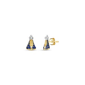 BRINCO NOSSA SENHORA APARECIDA MANTO AZUL COM COROA BRANCA COM 1CM DE COMPRIMENTO OURO 18K.
