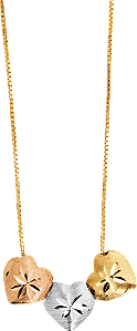 GARGANTILHA  TRÊS CORAÇÕES TRICOLOR COM 45CM  DE COMPRIMENTO OURO 18K.
