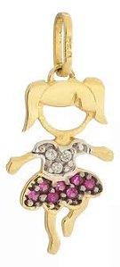 PINGENTE MENINA COM PEDRA DE ZIRCÔNIA BRANCA E VERMELHA OURO 18K.