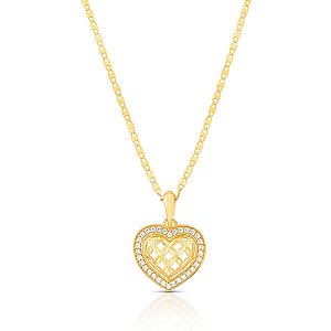 GARGANTILHA CORAÇÃO TRABALHADO COM PEDRA DE ZIRCÔNIA COM 45CM DE COMPRIMENTO OURO 18K.