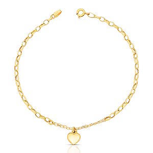 PULSEIRA ELOS OVAIS COM PINGENTE CORAÇÃO  COM 18CM DE COMPRIMENTO OURO 18K.