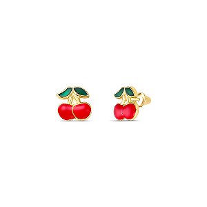 BRINCO INFANTIL CEREJA ESMALTADO OURO 18K.