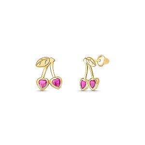 BRINCO INFANTIL CEREJA CORAÇÃO DE ZIRCÔNIA  FIXO OURO 18K.