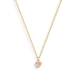 GARGANTILHA CORAÇÃO DE ZIRCÔNIA ROSA COM 45CM DE COMPRIMENTO OURO 18K.