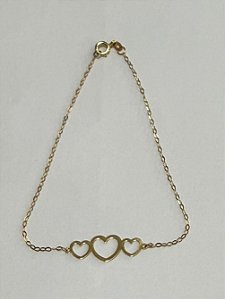 PULSEIRA BALÃOZINHO TRÊS CORAÇÕES VAZADOS COM 18CM OURO 18K.
