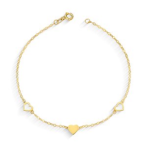 PULSEIRA BALÃOZINHO TRÊS CORAÇÕES LISO E VAZADOS COM 18CM OURO 18K.