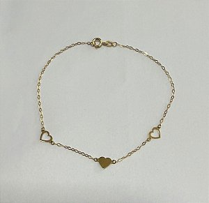 PULSEIRA BALÃOZINHO TRÊS CORAÇÕES LISO E VAZADOS COM 18CM OURO 18K.