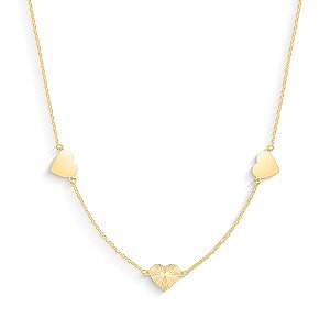 GARGANTILHA TRÊS CORAÇÕES UM RAIDO DOIS LISOS COM 45CM OURO 18K