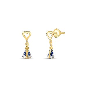 BRINCO N. SRª APARECIDA ZIRCÔNIA CORAÇÃO VAZADO OURO 18K.