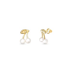 Brinco Infantil Cereja Pérola Fixo 2mm Ouro 18k.