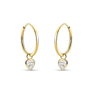 BRINCO INFANTIL ARGOLINHA COM PINGENTE CORAÇÃO DE ZIRCÔNIA BRANCA OURO 18K.