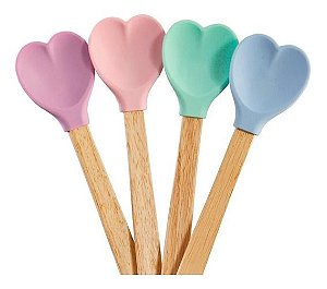 Jogo 4 colheres silicone coração cabo madeira cores variadas