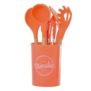 CONJUNTO 9 UTENSÍLIOS COZINHA LARANJA EM SILICONE