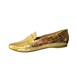 Sapatilha Mocassim Feminino Bico Fino Croco Dourado