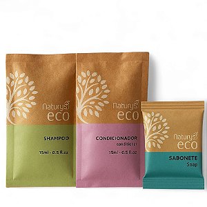 100 Kits Amenities Naturys Sustentavel – Shampoo 15ml + Condicionador 15ml + Sabonete 20g