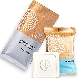 Kit 50 Sabonetes 30 Gramas + Shampoo 2 em 1  Sachê 15ml Ecológico Sustentavel
