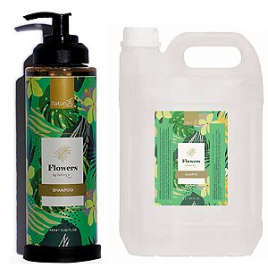 Kit Shampoo Flowers by Natury's Luxo Frasco 400ml (Vávula Pump) Dispenser + Galão Reposição 5 litros + Suporte
