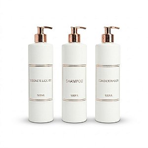 Kit Lavabo Luxo - 3 Frascos Porta Shampoo, Condicionador e Sabonete Líquido