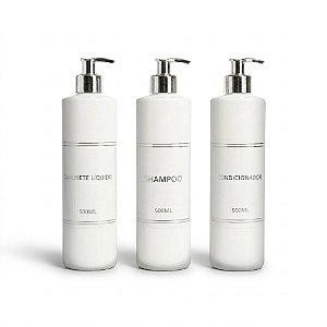 Kit Lavabo Luxo - 3 Frascos Porta Shampoo, Condicionador e Sabonete Líquido