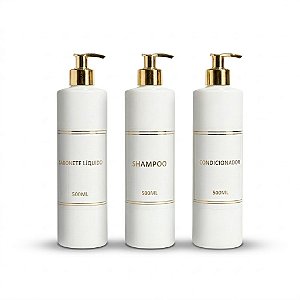 Kit Lavabo Luxo - 3 Frascos Porta Shampoo, Condicionador e Sabonete Líquido