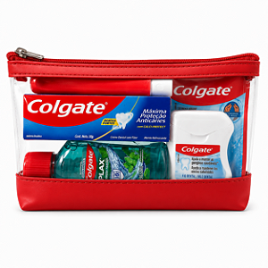 50 Kits Higiene Completo Wegreen com Necessaire Vermelha | Escova Dental, Creme Dental Colgate, Enxaguante Bucal e Fio Dental