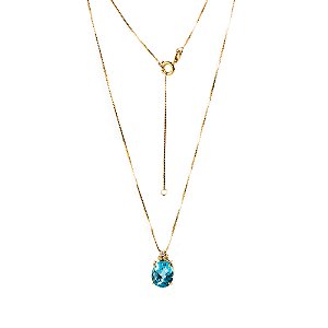 Gargantilha em ouro amarelo 18k com pingente de topázio azul e brilhantes