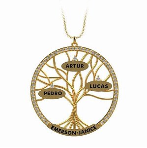 Pingente Árvore Família em ouro amarelo 18k com diamantes.