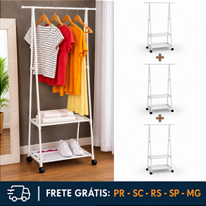Kit 3 UND - Arara para Roupas com Rodízio e Prateleiras
