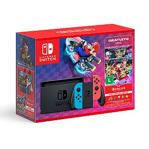 Console Nintendo Switch V2 com Mario Kart 8 Deluxe e 3 Meses de Assinatura Nintendo Switch Online
