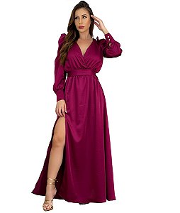 Vestido Longo Com Fenda Marsala Madrinha