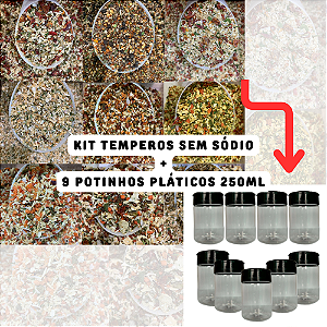 Kit Temperos SEM SÓDIO (9 temperos 100g de cada) + 9 Potinhos Plásticos 250ml