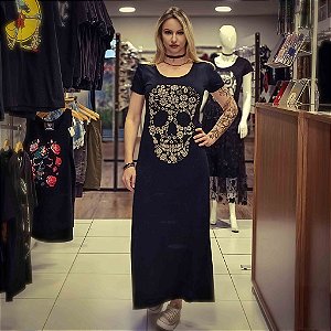 Vestido Preto Caveira Flores Pedraria