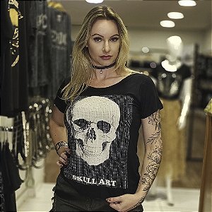 Blusa Feminina Em Pedraria Caveira Branca