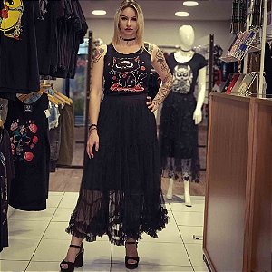 Saia Longa de Tule Lisa Babada Preta