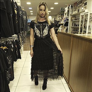 Saia Longa de Tule Frisada Preta