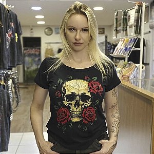 Blusa Feminina Caveira Rosas Com Pedraria