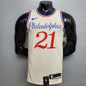 Regata Basquete NBA Philadelphia 76ers Embiid 21 Edição Limitada Bege Jogador Silk