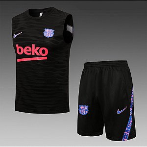 Kit Treino Conjunto Barcelona Preto Regata E Short Masculino 2021 / 2022