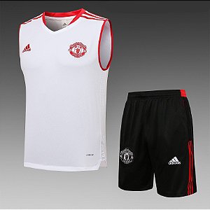 Kit Treino Conjunto Manchester United Branco E Preto Regata E Short Masculino 2021 / 2022