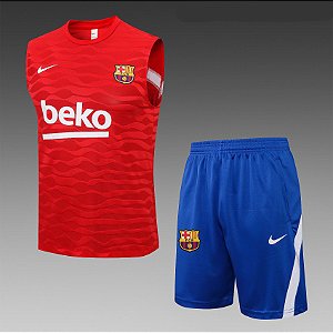 Kit Treino Conjunto Barcelona Vermelho Regata E Short Masculino 2021 / 2022