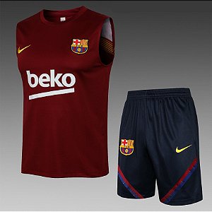 Kit Treino Conjunto Barcelona Vinho Regata E Short Masculino 2021 / 2022