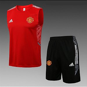 Kit Treino Conjunto Manchester United Vermelho E Preto Regata E Short Masculino 2021 / 2022