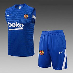 Kit Treino Conjunto Barcelona Azul Claro Regata E Short Masculino 2021 / 2022