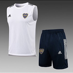 Kit Treino Conjunto Boca Juniors Branco E Azul Escuro Regata E Short Masculino 2021 / 2022