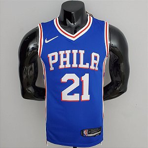 Regata Basquete NBA Philadelphia 76ers 75º aniversário Azul Embiid 21 Edição Jogador Silk