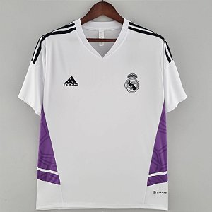 Nova Camisa Real Madrid Treino Branca Borda Roxa Torcedor Masculina 2022 / 2023