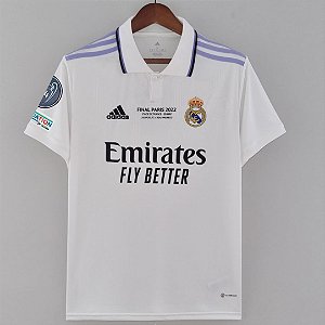 Nova Camisa Real Madrid 1 Patch UEFA Champions League Data Do Jogo Match Day Torcedor Masculina 2022 / 2023