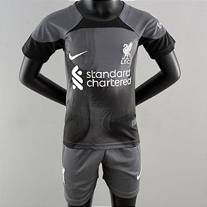Novo Kit Infantil Liverpool Goleiro Preto Camisa e Short  2022 / 2023